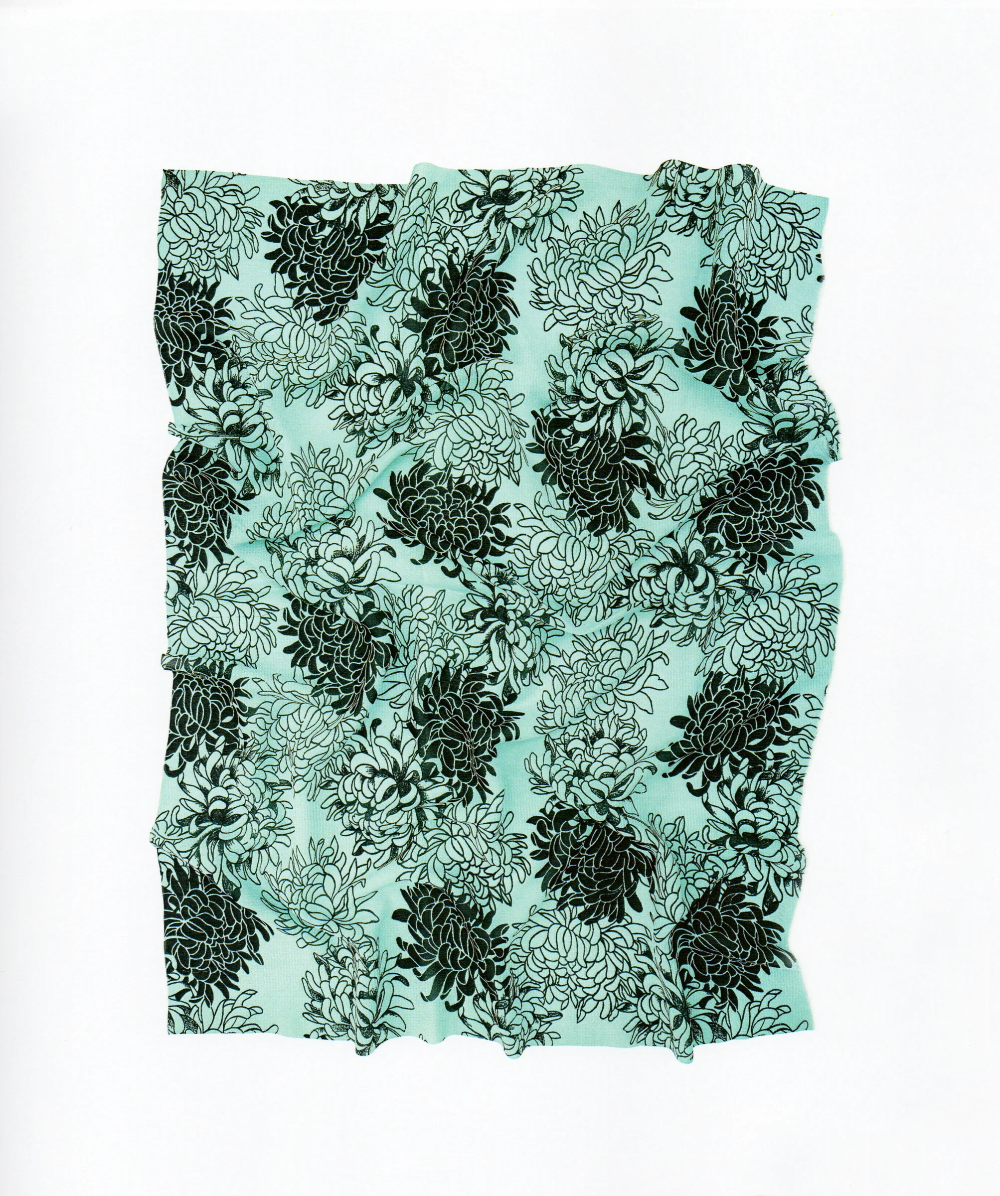 Mint-green silk panel covered with black chrysanthemums